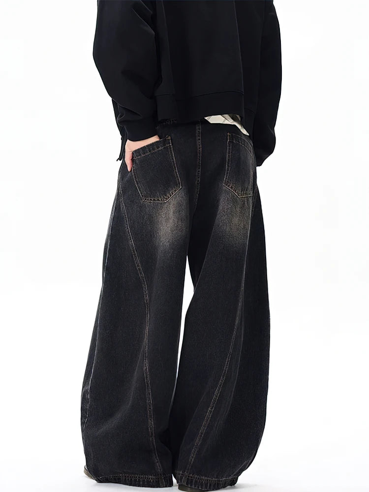 Vintage Black Washed Baggy Jeans Pants Men Wide Leg Curved Blade Pants Streetwear Cowboy Casual Denim Straight Trousers - Matrix Studios