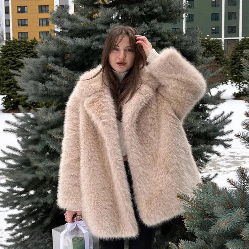 New Thick Cotton Winter Fur Coat Women Suit Collar White Medium Long Luxury Fox Fur Overcoat  High Quality Fury Plush Jacket - Matrix Studios