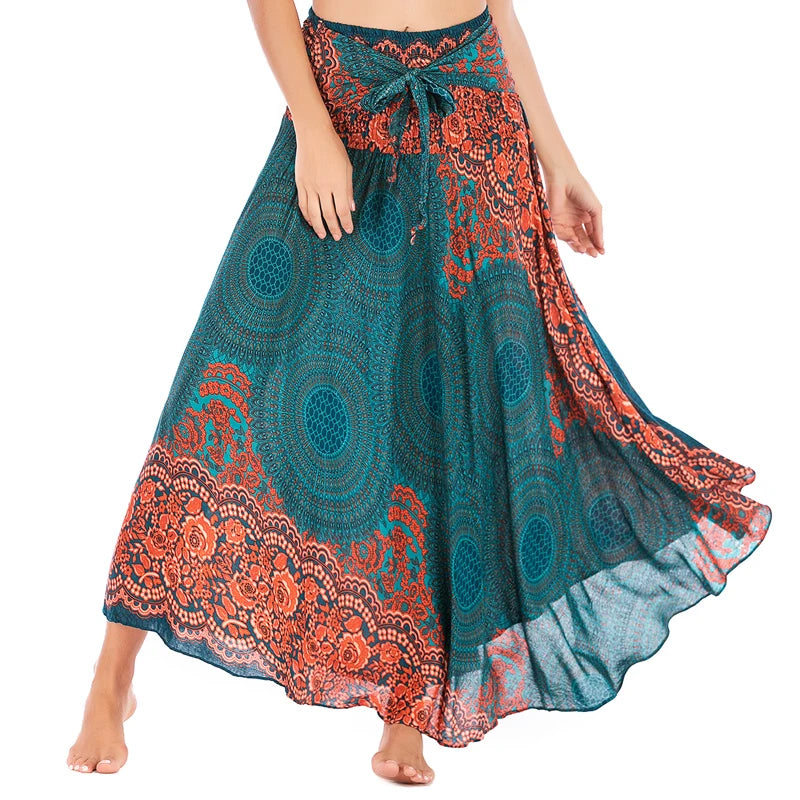 Boho Skirts Women Rayon Beach Long Dress Summer Bohemian Jupe Longue Femme Elastic Waist Print Floral Bandage Halter Hippie - Matrix Studios