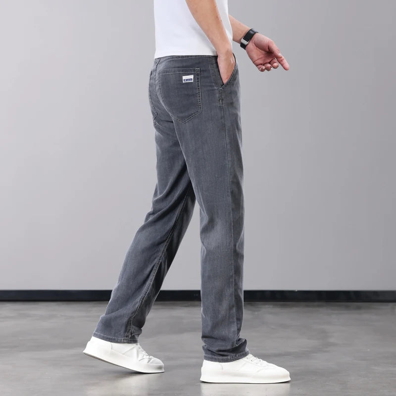 Summer Thin Men's Jeans Lyocell Fabric Soft Breathable Straight Denim Pants Brand Man Elastic Ice Silk Casual Trousers Grey Blue - Matrix Studios