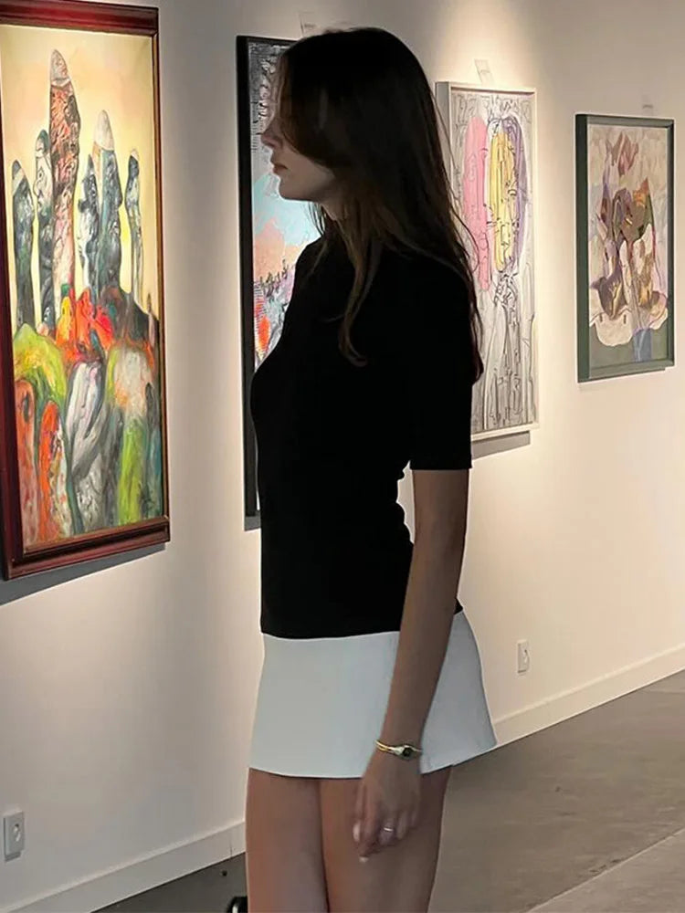 Summer 2025 Turtleneck Half Sleeve Mini Dresses French Style Fashion Elegant Black And White Patchwork Bodycon Dress - Matrix-studios.com