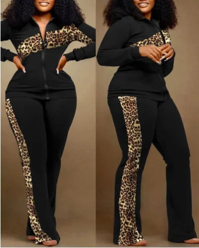 Two Piece Set Women Outfit 2023 Autumn Fashion Geometric Print Stand Collar Long Sleeve Zip Up Top & Casual Sporty Pants Set - Matrix-studios.com
