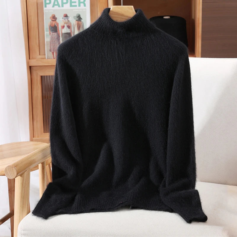 Autumn And Winter New 100% Mink Cashmere Sweater Ladies' High Lapel Solid Color Padded Pullover Wool Knitted Bottoming Shirt - Matrix Studios