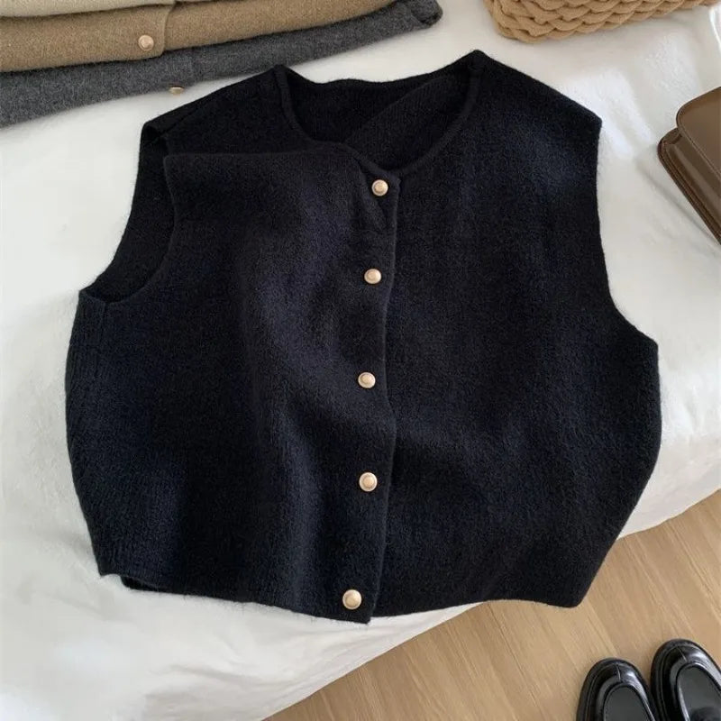 Crew Neck Women's Korean Solid Button Short Sleeve Cardigan Coats Sweater Knitted Sleeveless Ladies Elegant Tanks Bottoming - Matrix Studios