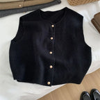 Crew Neck Women's Korean Solid Button Short Sleeve Cardigan Coats Sweater Knitted Sleeveless Ladies Elegant Tanks Bottoming - Matrix Studios