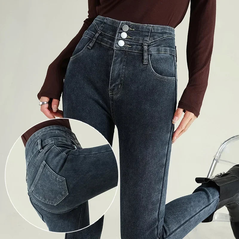 New Women's High Waist Stretch Jeans Blue Black Gray Fashionable and Versatile Multi-button Popular Slim Denim Long Pants Female - Matrix-studios.com
