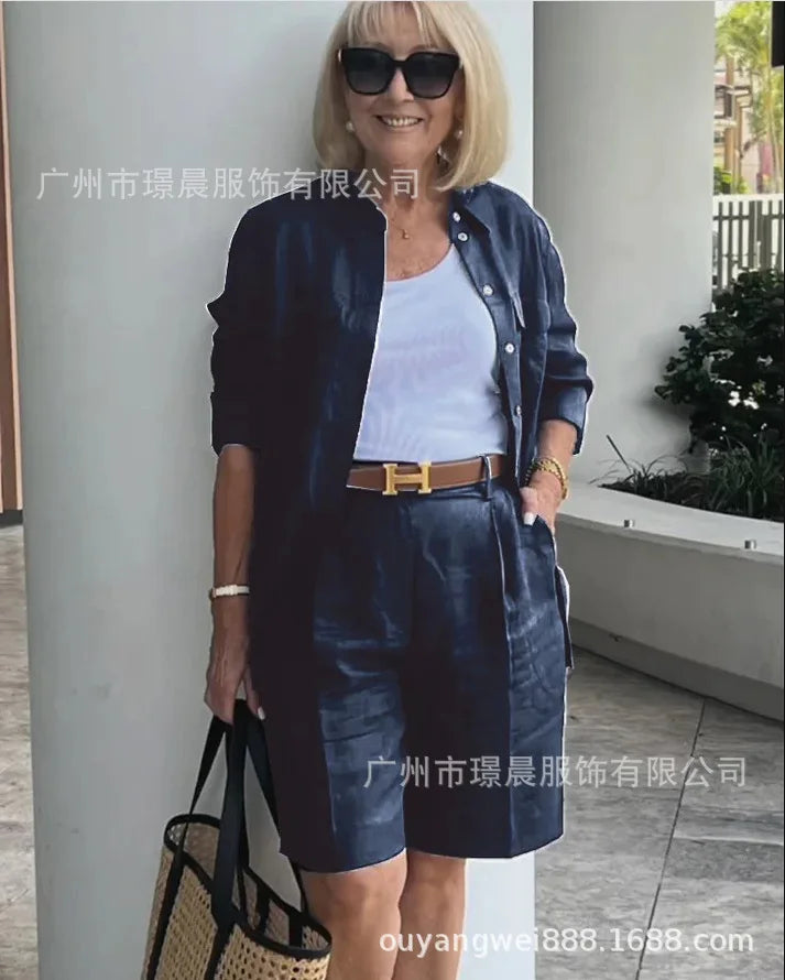 2026 Elegant 2-Piece Sets For Women Womens Cardigan Shirt Top Summer Solid Color Casual Shorts Two Piece New In Matching Sets - Matrix-studios.com