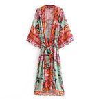 Happie Queens Women Green Peacock Print Bat Sleeve Beach Bohemian Kimono Robe Ladies V Neck  Boho Bikini Cover-ups - Matrix Studios