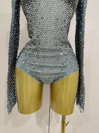 Sparkle Silver Rhinestones Long Sleeve Stretch Bodysuits 2025 New Women Evening Luxury Birthday Party Sexy Nightclub Stage Costu - Matrix Studios