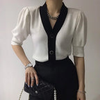 Knitted Sweater Women Cardigans New Sueter Feminino V-Neck Spliced Knit Sweater Cardigan Women Tops Short Sleeve Sweaters Q3558 - Matrix Studios