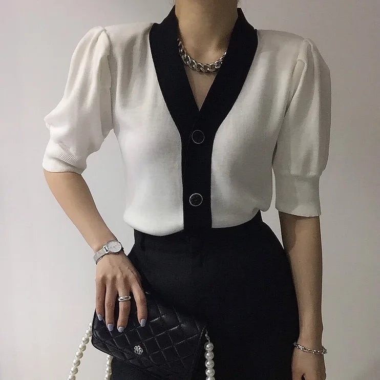 Knitted Sweater Women Cardigans New Sueter Feminino V-Neck Spliced Knit Sweater Cardigan Women Tops Short Sleeve Sweaters Q3558 - Matrix Studios