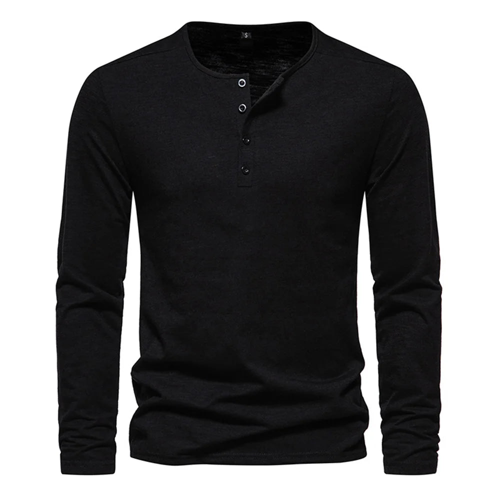 Men Long Sleeved T-shirt Cotton Slim Fit Bottoming Shirt Fitness Tops Tees Button Neck Casual Cozy Tshirt - Matrix Studios