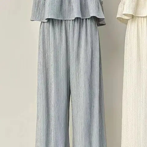 Faionable round Ne Svel Top High Waist Straight Leg Pants Women's Summer New Sle Korean Version Two-Piece Set - Matrix-studios.com