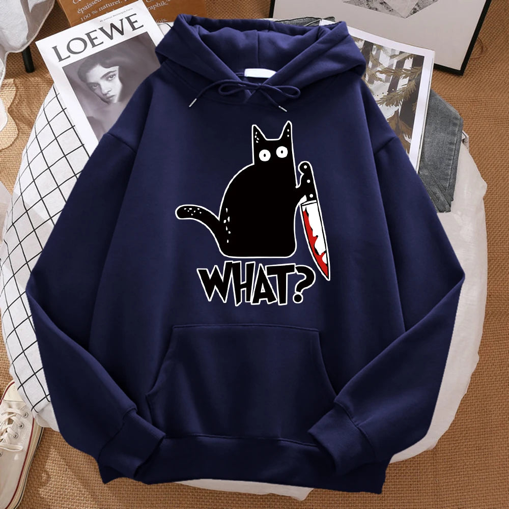 What Cute Little Black Cat Holding A Knife Men Hoodie Street Fleece Hoody Hipster Autumn Sweatshirt Hip Hop Clothing Woman - Matrix Studios