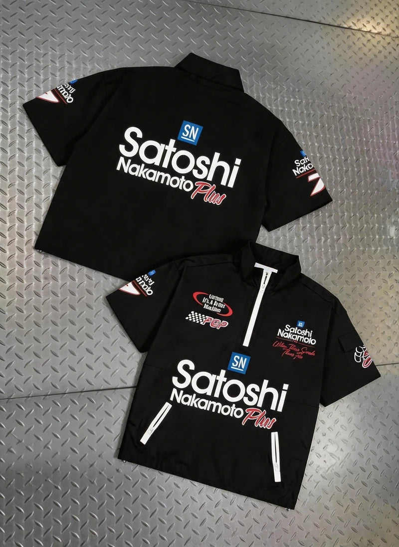 New Satoshi Tshirts Hip Hop Street Workwear Pocket Half Zip Lapel Casual Breathable Short Sleeved Shirts Men Women Summer Outfit - Matrix-studios.com