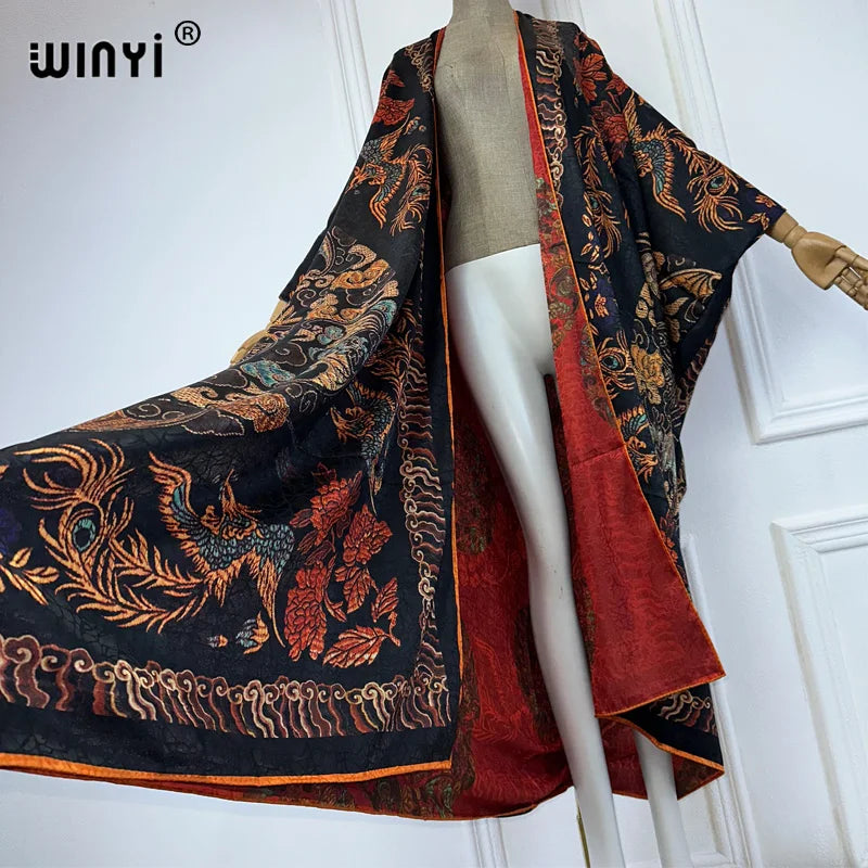 WINYI High Quality Double-Sided Print Open Abaya Dubai Luxury Coat Beach Wear Cover Up Elegant Muslim Cardigan Kimono Maxi Dress - Matrix Studios
