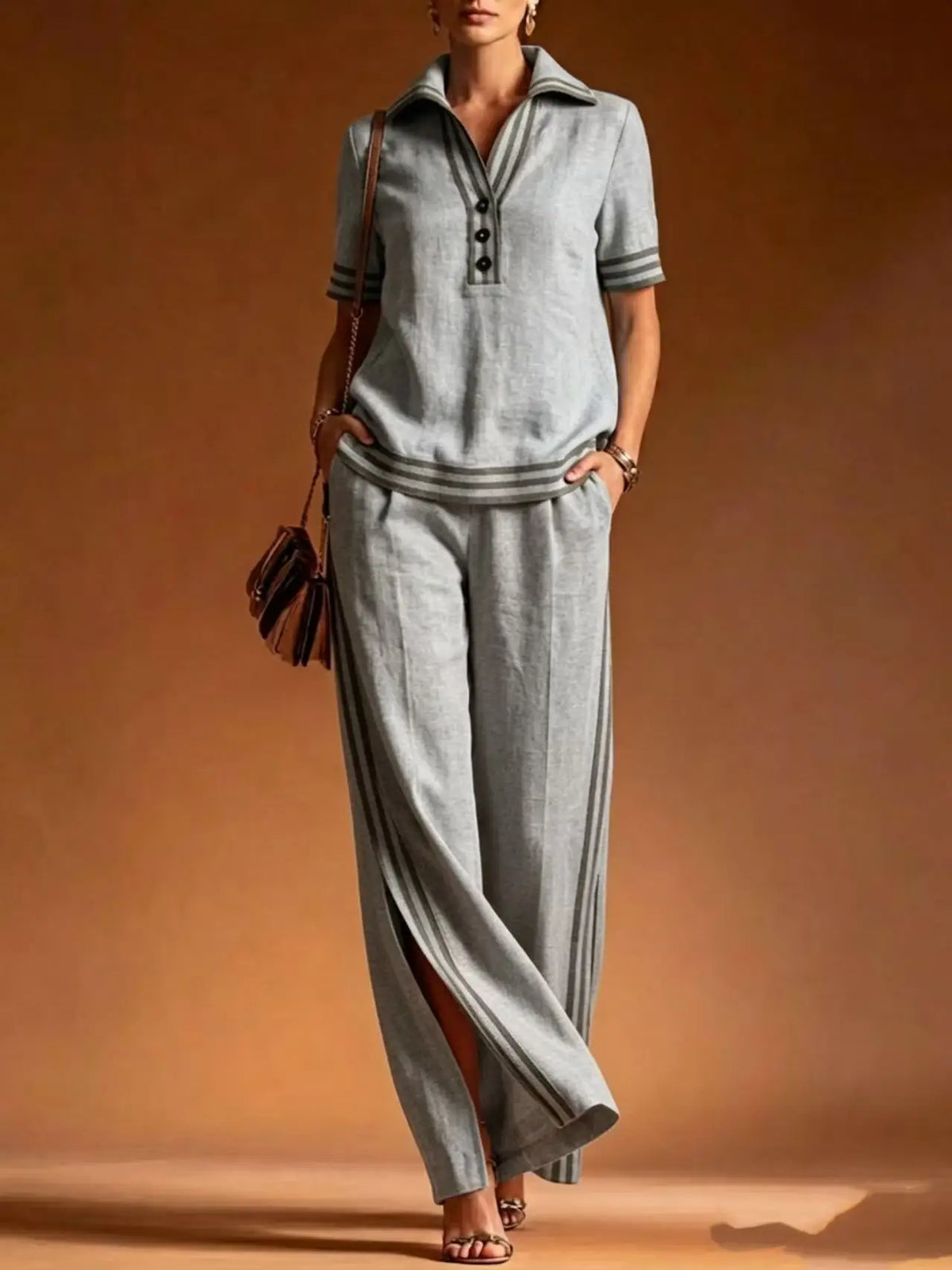 Women 2 Piece Linen Set Lapel Collar Half Button Short Sleeve High Waist Split Elegant Casual Loose Summer Wide Leg Long Pants - Matrix-studios.com