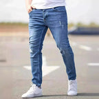 Men's American Retro Hole-Punched Stretch Slim Fit Jeans Zipper Casual Streetwear Denim Pants Classic Black Blue Skinny Trousers - Matrix Studios