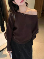 Batwing Long sleeve Knitted Pullover Women 300g Thick Off shoulder Top Korean Fashion Sweater Loose Casual Autumn Outwear Pull - Matrix Studios