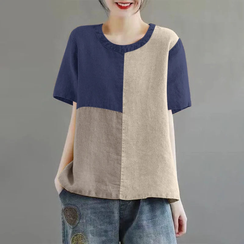 ZANZEA Women Patchwork Blouse 2024 Summer Short Sleeve Tunics Fashion Round Neck Shirts Casual Loose Holiday Cotton Linen Tops - Matrix-studios.com