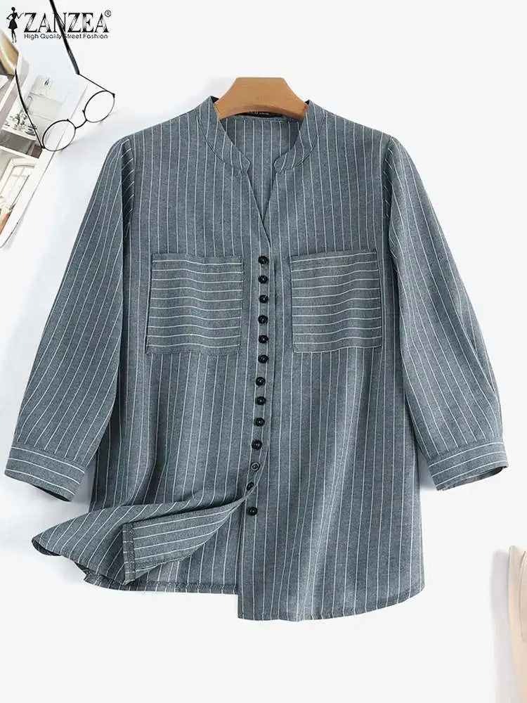 ZANZEA Women Vintage Striped Blouse Summer 3/4 Sleeve Loose Shirt Fashion V-Neck Button Up Tops Elegant Blusas Femme Tunic Mujer - Matrix-studios.com