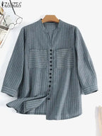 ZANZEA Women Vintage Striped Blouse Summer 3/4 Sleeve Loose Shirt Fashion V-Neck Button Up Tops Elegant Blusas Femme Tunic Mujer - Matrix-studios.com