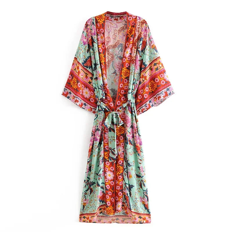 Boho Queens Women Peacock Print Bat Sleeve Beach Bohemian Kimono Robe Ladies V Neck Tassel Summer Happie Bikini Cover-ups - Matrix Studios