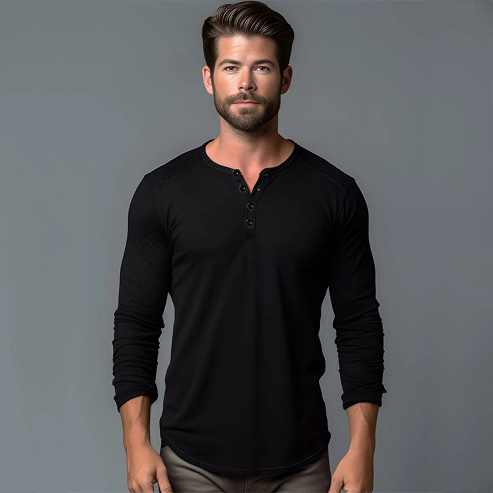Men Long Sleeved T-shirt Cotton Slim Fit Bottoming Shirt Fitness Tops Tees Button Neck Casual Cozy Tshirt - Matrix Studios