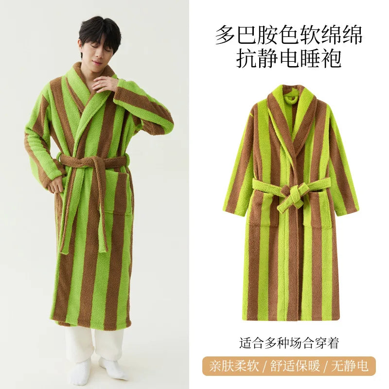 2025 New Autumn/Winter Women's Sleepwear Thick Velvet Warm Robe Couple Coral Velvet Striped Lengthed Home Clothes Bathrobe - Matrix-studios.com