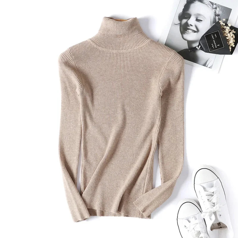 Casual Soft Polo-neck Jumper New Autumn Winter Women Knitted Turtleneck Sweater Fashion Slim Elasticity Solid Ribbed Pullovers - Matrix Studios
