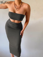 Hugcitar Women Elegant 2 Pcs Sets Strapless Sexy Tube Crop Tank Top Maxi Skirt 2025 Summer Women Casual Clothes Party Festival - Matrix-studios.com