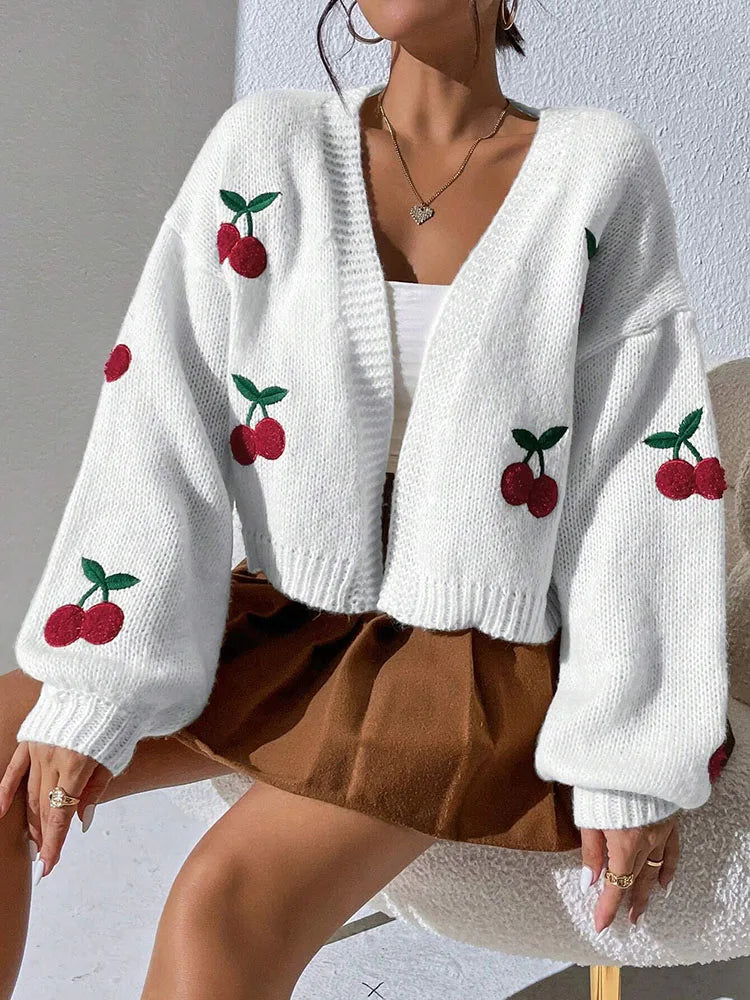 Fashionable Low Shoulder Cherry Embroidery Pattern Cardigan Commuter Sweater Women's Loose Jacket Knitted Sweater - Matrix Studios