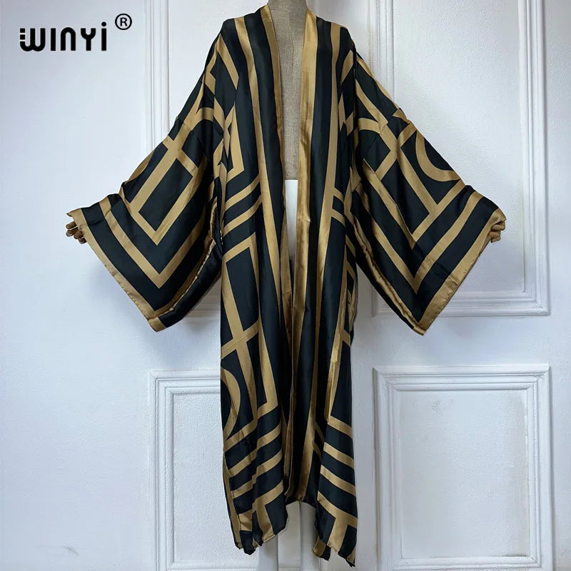 WINYI Africa Boho Print Kimonos African Dresses for Woman Cardigans Beach Outfits Kaftan Beach Cover Up Evening Dress Maxi Coat - Matrix Studios