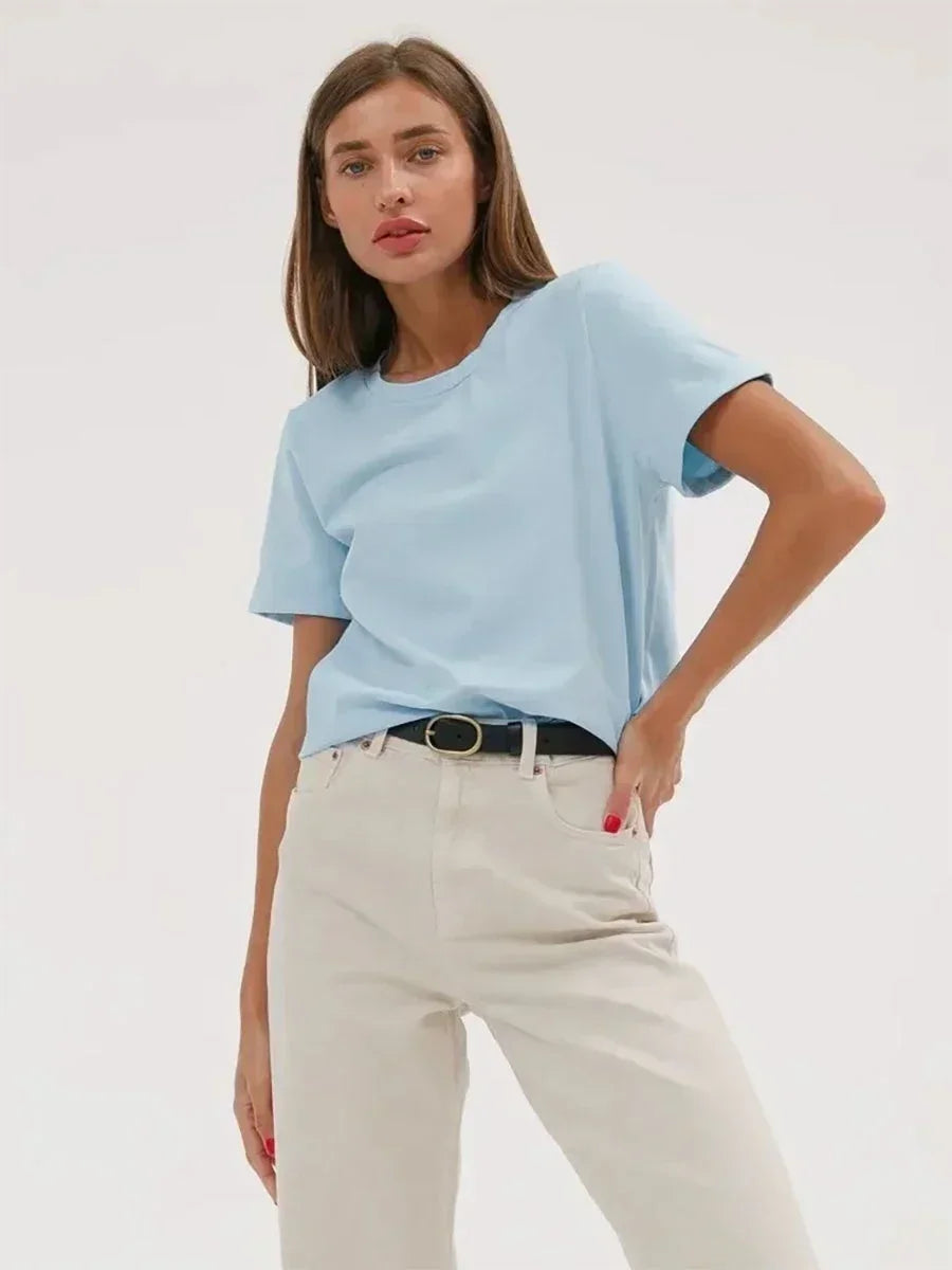 Bornladies Summer 100% Cotton Women's T-shirt Bottoming Basic Fashionable Solid Lady Short Sleeve Loose Tops Shirts 230g/㎡ Tops - Matrix-studios.com