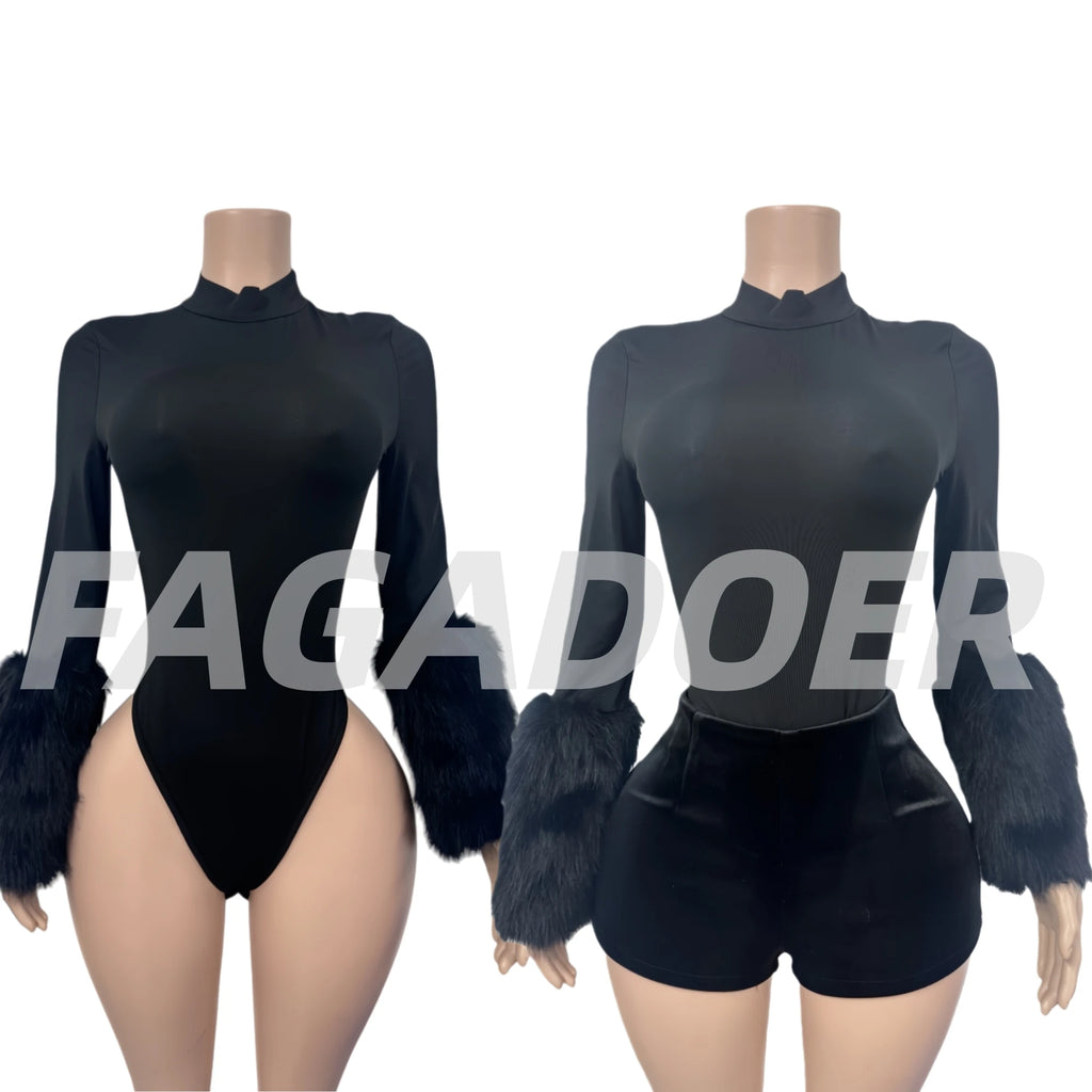 FAGADOER Winter New Sexy Fur Patchwork 2 Pieces Set for Woman Outfits Long Sleeves Bodycon Playsuits + Shorts Female Streetwear - Matrix-studios.com
