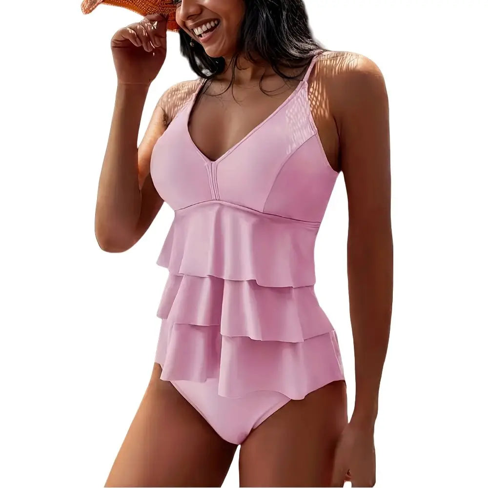 Cikini-Layered Hem Tankini Swimsuit for Women, Monochromatic, Two-Piece, Summer Beach Swimwear, Bathing Suit - Matrix-studios.com