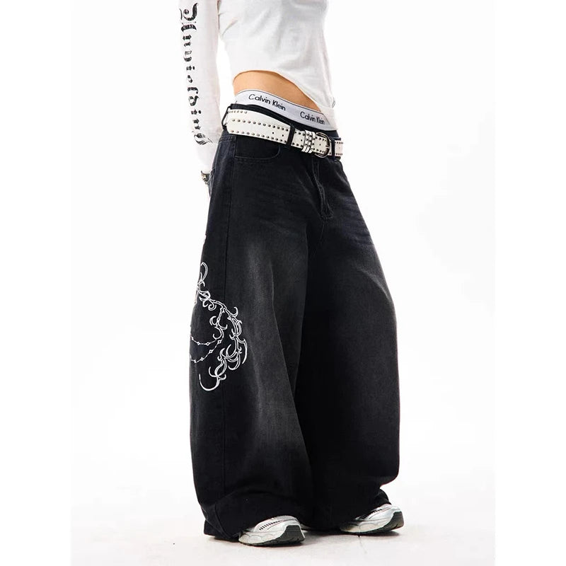 YIBASHU Women Vintage Embroidery Y2K Baggy Jeans Female High Waist 2000s Wide Leg Denim Pants American Retro Harajuku Trouser - Matrix-studios.com