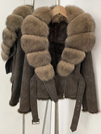 OFTBUY New Autumn Winter Real Fox Fur Collar Clothes Female Belt Suede Jacket Women Thick Warm Natural Rabbit Fur Lining Coat - Matrix Studios