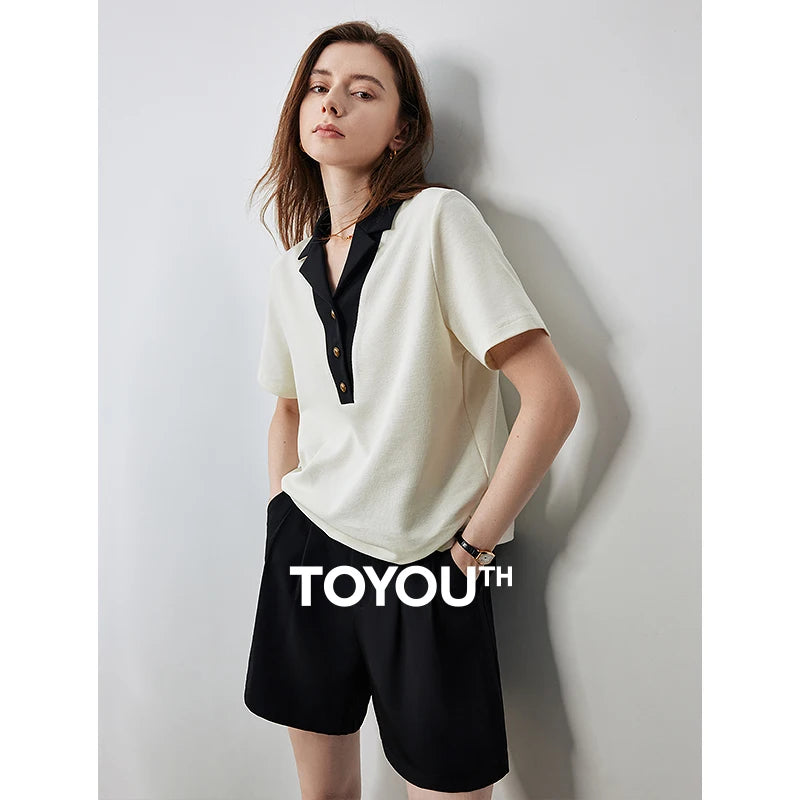 TOYOUTH Women Contrasting Colors POLO Collar T-shirt 2025 Summer New Short Sleeved Top - Matrix-studios.com