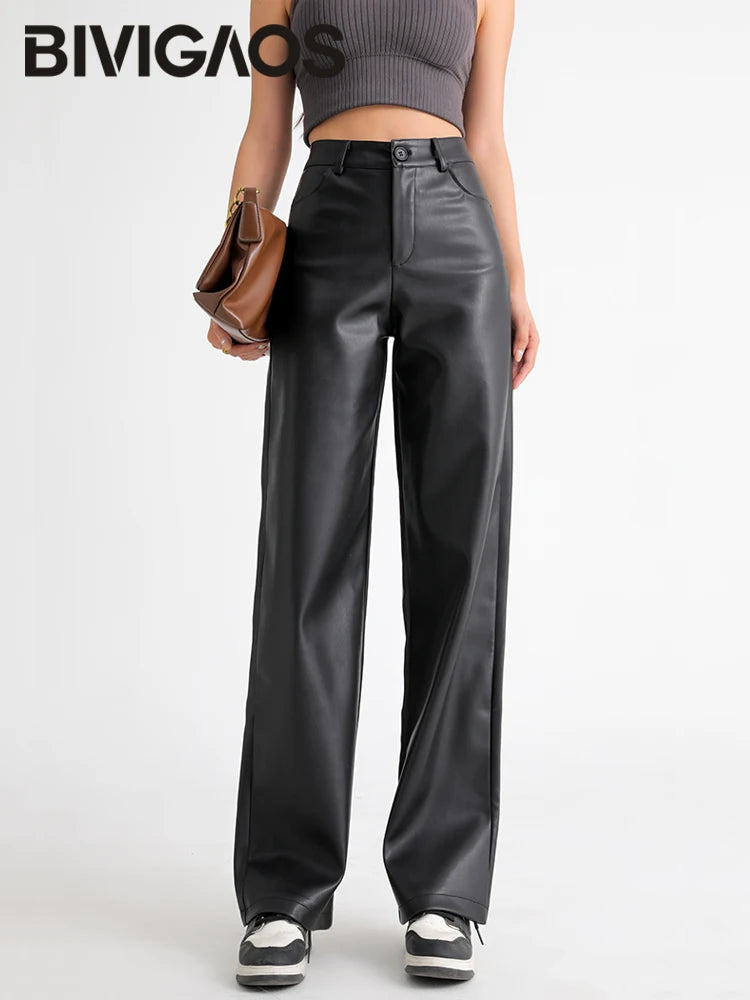 BIVIGAOS Fall Winter Fleece Loose Wide Leg Warm Leather Pants Women Button Pocket High Waist Thick PU Casual Straight Pants - Matrix-studios.com