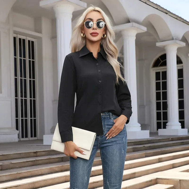 Women Spring Autumn Style Blouses Shirts Lady Casual Long Sleeve Turn-down Collar Solid Color Blouse Tops - Matrix-studios.com