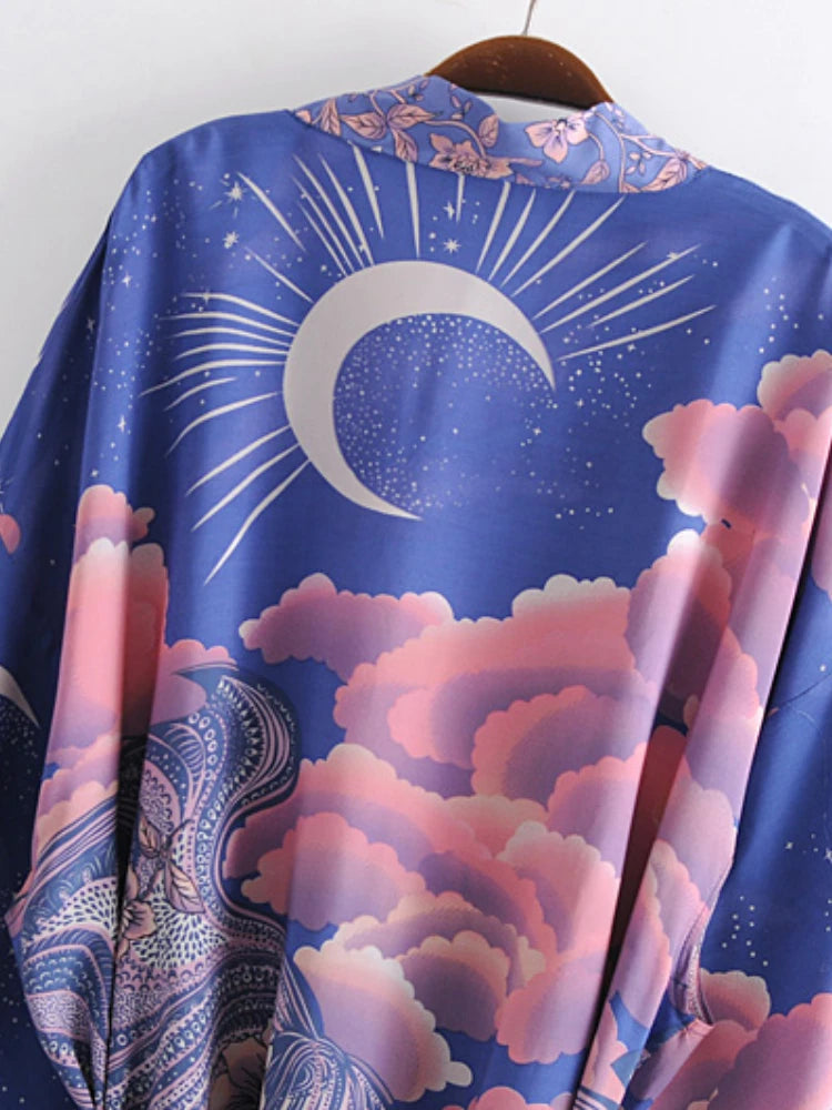 Boho Vintage Star and Moon Floral Print Sashes Women Bohemian V Neck Batwing Sleeves Happie Short Robe Kimono Dress Cover-ups - Matrix Studios