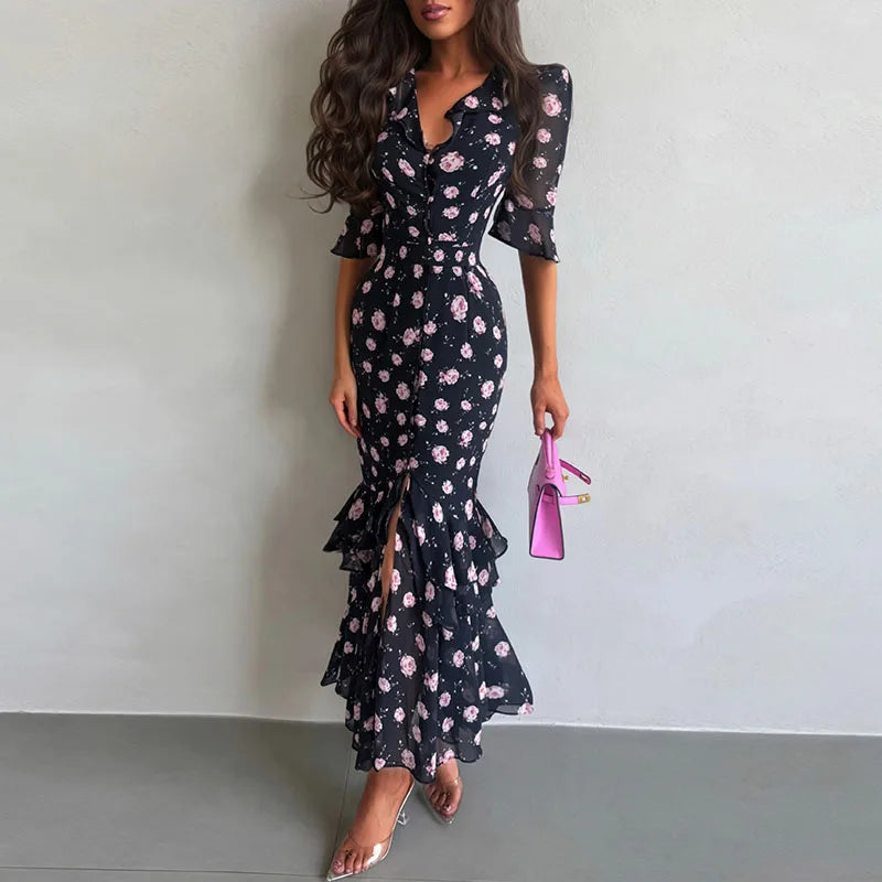 Organza Floral Printed Maxi Dress V-Neck  Puff Sleeve 2026 Spring/Summer Romantic Women Party Gown Fashion Elegant Lady Vestidos - Matrix-studios.com