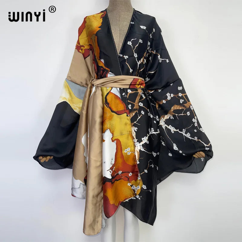 2022 WINYI Summer Beach Wear Swim Suit Cover Kaftan Sweet Lady Boho Cardigan Stitch Self Belted Sexy Holiday Long Sleeve Kimono - Matrix Studios