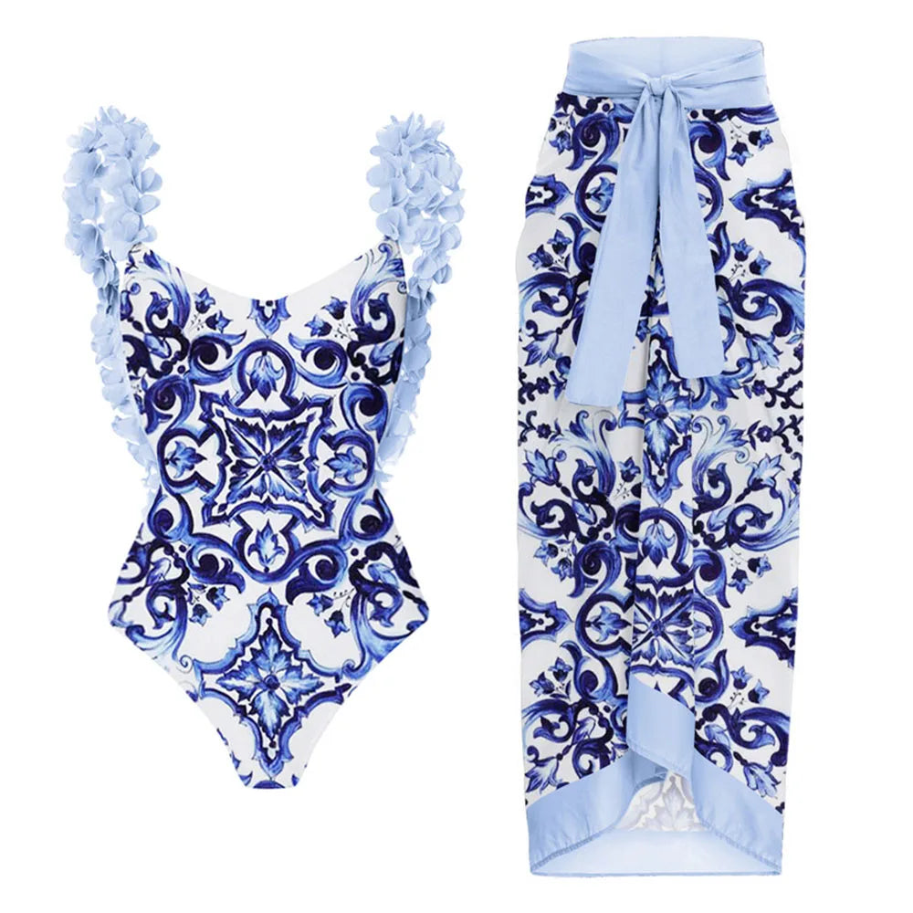 Fashion Women's Clothing One Piece Navy Print Swimsuit Bikini Set Beach Skirt Polyester Bodysuit Swimwear Style Wear Maxi Dress - Matrix Studios