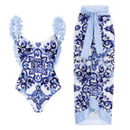 Fashion Women's Clothing One Piece Navy Print Swimsuit Bikini Set Beach Skirt Polyester Bodysuit Swimwear Style Wear Maxi Dress - Matrix Studios
