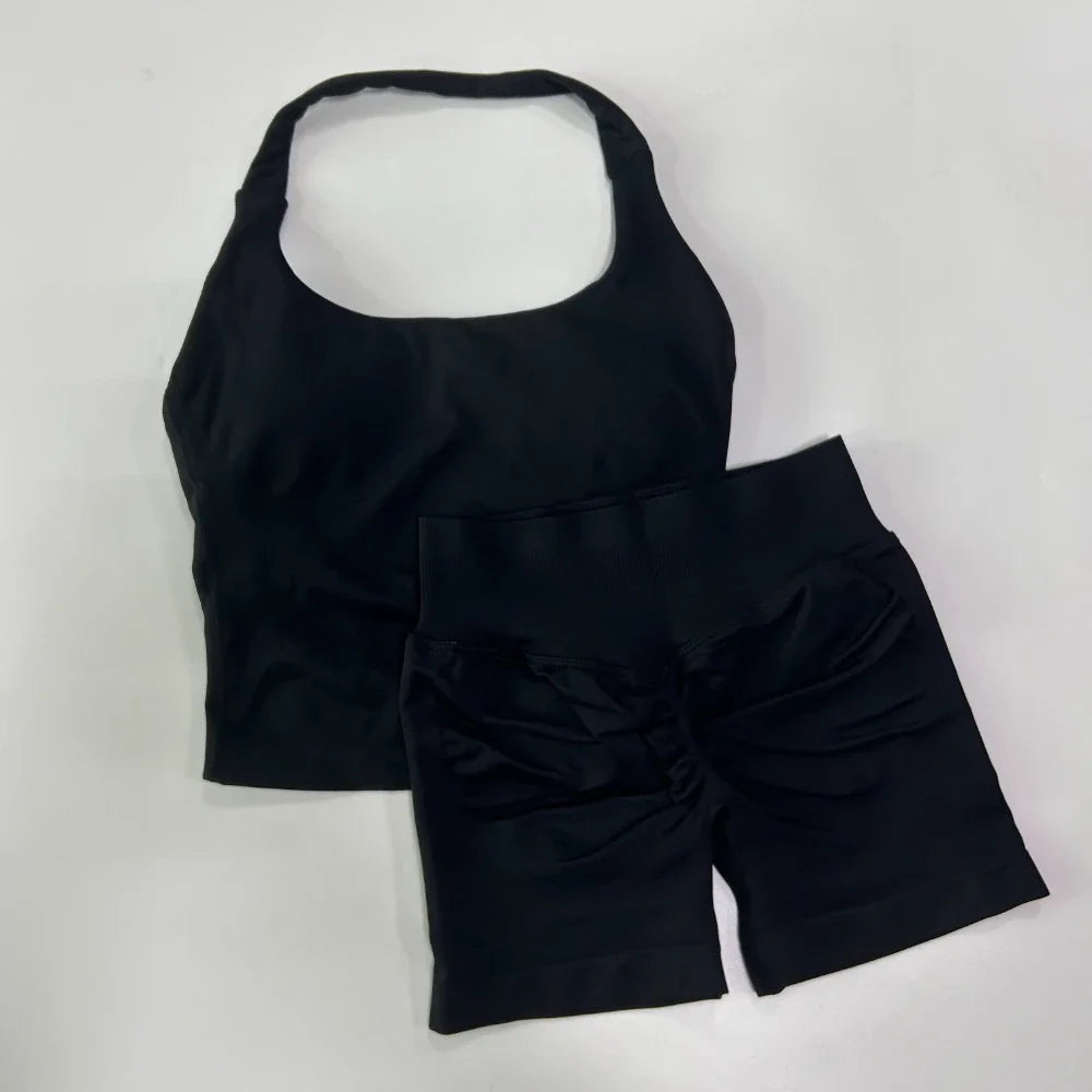 Yoga 2 Pieces Gym Set Women Backless Halter Tops High Waist Seamless Shorts Gym Suit Fitness Sports Bras Sportswear Workout Sets - Matrix-studios.com