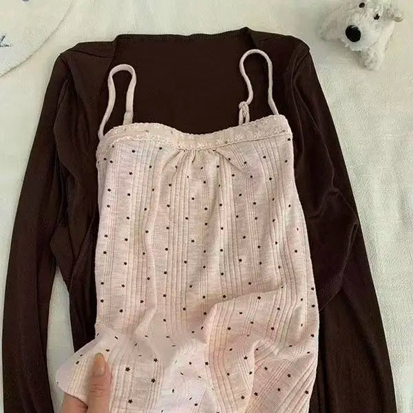 Korea Chic Gentle Women Sexy Knit Cardigan Spice Girls Elegant Slim Pure Desire Jumper Short Polka Dot Sling All-match Set Tanks - Matrix Studios