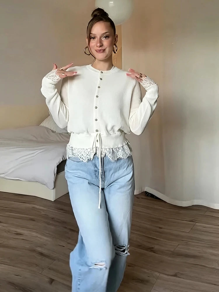 Knitted Women Cardigan Drawstring Cinched Waist Lace Trim Single Breasted Sweater Sheer O-Neck Solid Sweater Elegant Tops Ladies - Matrix Studios
