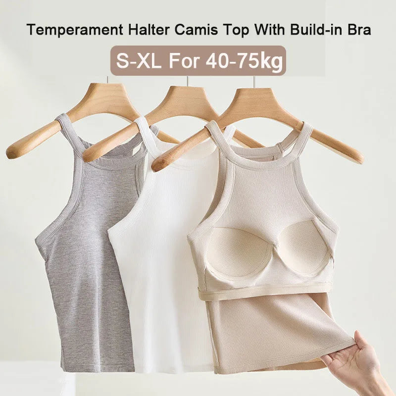 Threaded Halter Neck Camisole Top With Build-in Bra High Elastic Slim-fitting Sling Fixed Cup Breathable Women Underwear - Matrix-studios.com